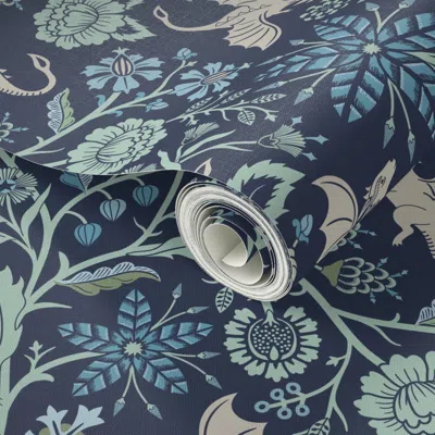 Spoonflower Peel And Stick Wallpaper Pollinator Dragons Traditional Fantasy Floral Geek Navy Blue Aqua -large 2'