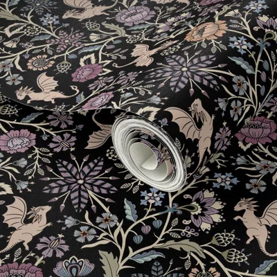 Spoonflower Peel And Stick Wallpaper Pollinator Dragons Traditional Fantasy Floral Goth Muted Jewel Black -med 2