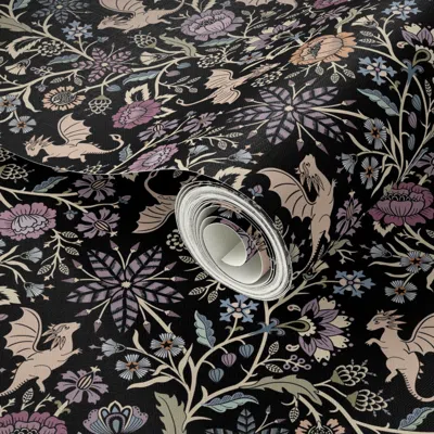 Spoonflower Peel And Stick Wallpaper Pollinator Dragons Traditional Fantasy Floral Goth Muted Jewel Black -midlg