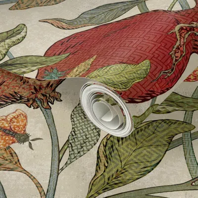Spoonflower Peel And Stick Wallpaper Pomegranates Fresco Rustica - Larger Scale 2' X 12' Removable