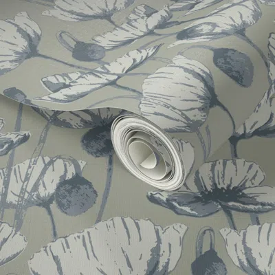 Spoonflower Peel And Stick Wallpaper Poppy Florals Vintage Modern New Farmhouse Wall Sage Blue 2' X 12' Removabl