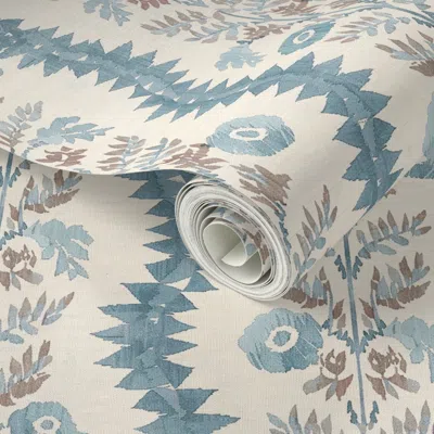 Spoonflower Peel And Stick Wallpaper Portia Ikat Floral Stripe Teal 2' X 12' Removable In Blue