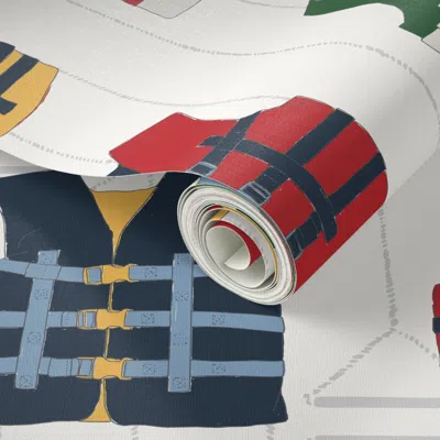 Spoonflower Peel And Stick Wallpaper Primary Americana Life Vests - Red Blue White Yellow Green Life Jackets 2' 