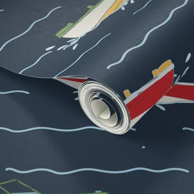 Spoonflower Peel And Stick Wallpaper Primary Speed Boats With Navy Background - Lake House Ski Boats 2' X 12' Re