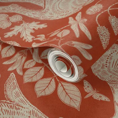 Spoonflower Peel And Stick Wallpaper Rabbit On Cayenne Red Linen 2' X 12' Removable