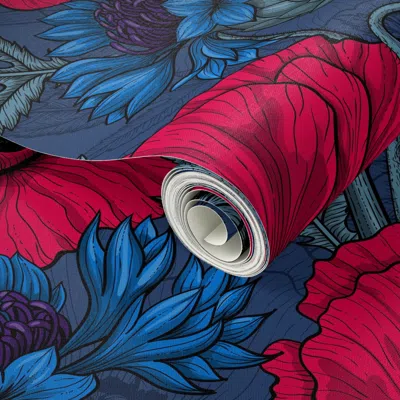 Spoonflower Peel And Stick Wallpaper Red Poppies And Blue Cornflowers On Blue 2' X 12' Removable In Multi
