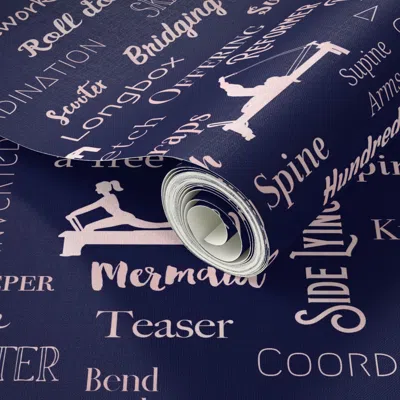 Spoonflower Peel And Stick Wallpaper Reformer Pilates Words - Navy 2' X 12' Removable