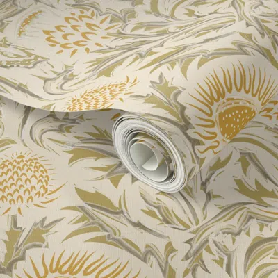 Spoonflower Peel And Stick Wallpaper Regal Thistle- Dancing Weeds- Earthy Yellow And Green- Regular Scale 2' X 1