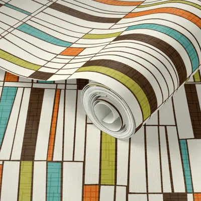 Spoonflower Peel And Stick Wallpaper Retro Atomic Teak Danish Modern Shapes Abstract Lines Mid Century Modern 2'