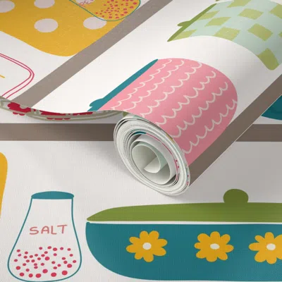 Spoonflower Peel And Stick Wallpaper Retro Farmhouse Pattern In Yellow And Red For Tea Towels And Kitchen Decor 