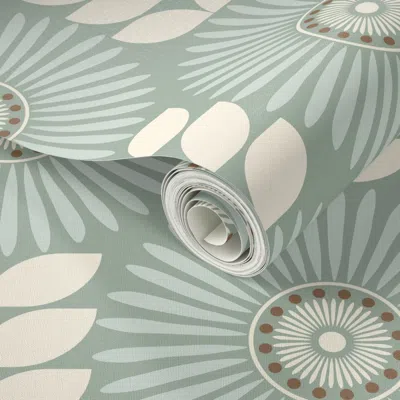 Spoonflower Peel And Stick Wallpaper Retro Floral-mid Mod-grandmillennial-restful-soft Calm Celadon Green-large 