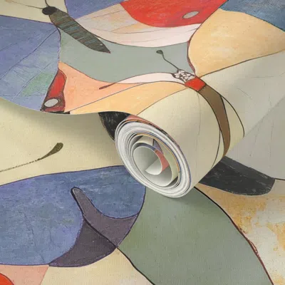 Spoonflower Peel And Stick Wallpaper Retro Mid Century Butterfly Collage  In Orange & Red  Removable In Multi