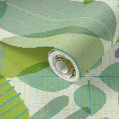 Spoonflower Peel And Stick Wallpaper Retro Mod Herbs M+m Dew Warm Greens Jumbo By Friztin 2' X 12' Removable