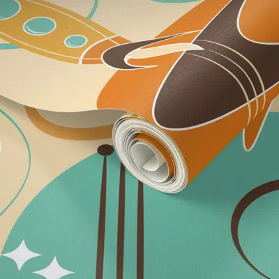 Spoonflower Peel And Stick Wallpaper Retro Rocket Ships Asteroid Adventure-mid Mod-atomic-spaceship-orange-large