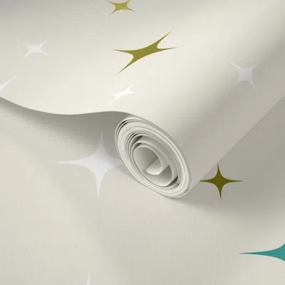 Spoonflower Peel And Stick Wallpaper Retro Star Tossed-mid Mod-atomic-starburst-50s 60s-space-teal Olive-large 2