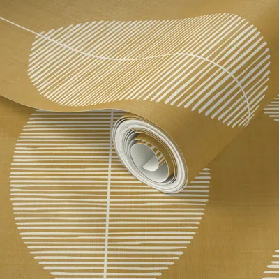 Spoonflower Peel And Stick Wallpaper Retro String Curtain Hand Drawn Lines Oval Linen Texture - Yellow Ochre  Re