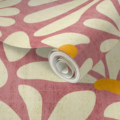 Spoonflower Peel And Stick Wallpaper Retro Whimsy Daisy Flower Power On Pink Clay Eggshell Floral Warm 2' X 12' 