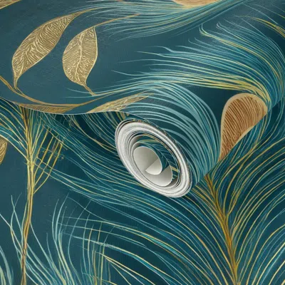 Spoonflower Peel And Stick Wallpaper Rich Pattern Of Peacock Feathers In Blues And Greens With Gold Highlights 2