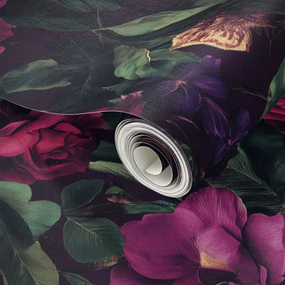 Spoonflower Peel And Stick Wallpaper Rich Purple Floral And Parrot Fabric With Roses Orchids And Leaves 2' X 12'