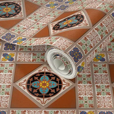 Spoonflower Peel And Stick Wallpaper Roman Kitchen - Majolica Tile Collection (terra Cotta) 2' X 12' Removable