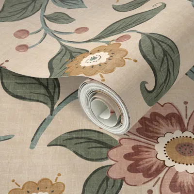 Spoonflower Peel And Stick Wallpaper Romantic Heritage Revival Floral Vine For Home Furnishings Warm Muted Sage 