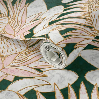 Spoonflower Peel And Stick Wallpaper Rose King Protea Art Deco (forest Green) 18 2' X 12' Removable