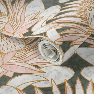 Spoonflower Peel And Stick Wallpaper Rose King Protea Art Deco (green Smoke Dark Veins) 2' X 12' Removable