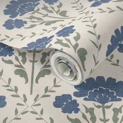 Spoonflower Peel And Stick Wallpaper Rustic Block Print Foral Vine Trellis - Textured Denim Blue Sage Off White 