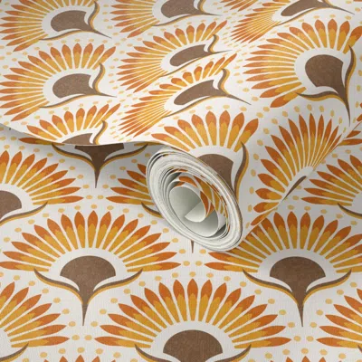 Spoonflower Peel And Stick Wallpaper S Art Deco Boho Retro Sunflower Fan Scallop Cream Honey Yellow Orange Brown