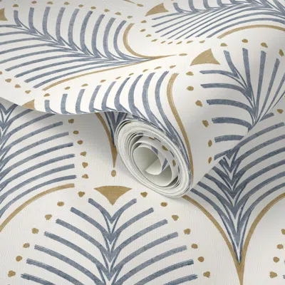 Spoonflower Peel And Stick Wallpaper (s) Art Deco Palm Fan Blue & Gold On Cream Geometric Pattern  Removable