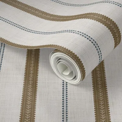 Spoonflower Peel And Stick Wallpaper (s) Botanical Folk Stripes Vertical Lines Linen Warm Brown Navy Blue Cream 