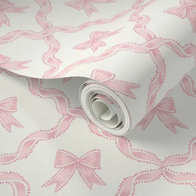 Spoonflower Peel And Stick Wallpaper (s) Pink Bows With Ribbon Diamond Trellis On Alabaster White Background 2' 