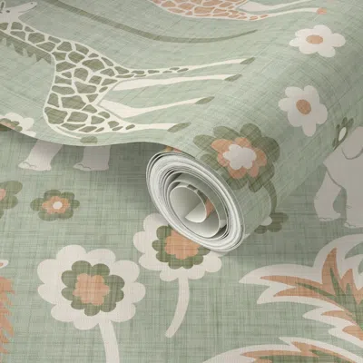 Spoonflower Peel And Stick Wallpaper Sage Tropical Nursery  With Elephants - Large Scale 2' X 12' Removable