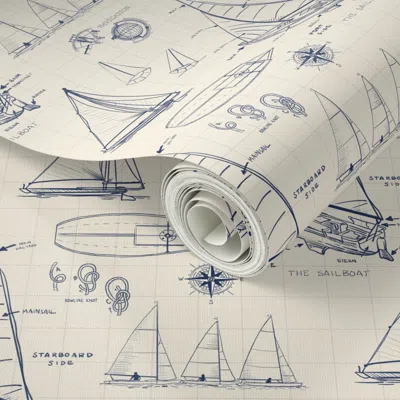 Spoonflower Peel And Stick Wallpaper Sail Boat Blueprints Navy On Ivory 2' X 12' Removable