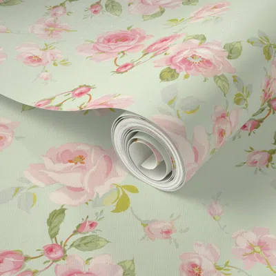 Spoonflower Peel And Stick Wallpaper Saint Colette June Roses In Basil 2' X 12' Removable