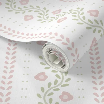 Spoonflower Peel And Stick Wallpaper Samantha Floral Stripe Pink And Green On White 6in 2' X 12' Removable
