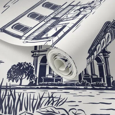 Spoonflower Peel And Stick Wallpaper San Francisco Toile Navywhite Lg 2' X 12' Removable