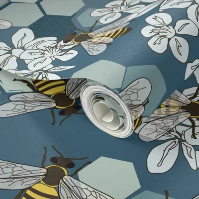 Spoonflower Peel And Stick Wallpaper Save The Honey Bees Teal - Blue - Large 2' X 12' Removable In Multi