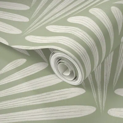 Spoonflower Peel And Stick Wallpaper Scallop Fans Ogee - Creamy White / Light Sage Green - Art Deco Geometric 2'