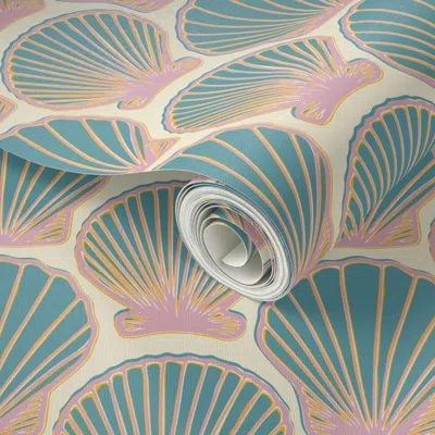 Spoonflower Peel And Stick Wallpaper Scallop Shells In Turquoise And Pink 12" 2' X 12' Removable