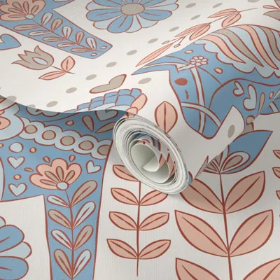 Spoonflower Peel And Stick Wallpaper Scandinavian Folk Dala Horse Cottage Garden Florals Icy Blue Peach Ivory  R In Multi