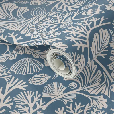 Spoonflower Peel And Stick Wallpaper Seabed Shells And Seaweed 2 Colour With Admiral Blue  Removable
