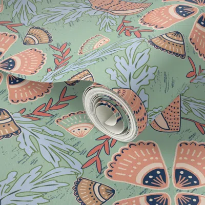Spoonflower Peel And Stick Wallpaper Seashell Damask Navy Peach Sage Medium Scale 2' X 12' Removable