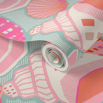 Spoonflower Peel And Stick Wallpaper She Sells Seashells By The Sea Shore Pink Orange Blue 2' X 12' Removable