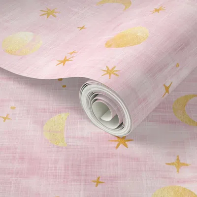 Spoonflower Peel And Stick Wallpaper Shibori Moons And Stars In Soft Pink And Gold (xl Scale) Evening Sky Moon 2