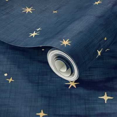 Spoonflower Peel And Stick Wallpaper Shibori Stars On Dark Indigo (large Scale) Night Sky Gold Stars On Shibori 