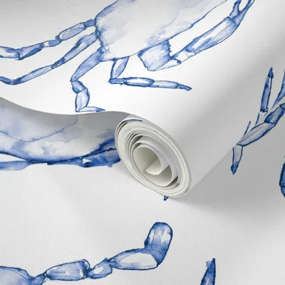 Spoonflower Peel And Stick Wallpaper Shimmying Watercolor Crabs In Brighter Navy Blue  Removable In Multi