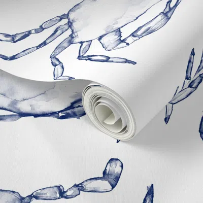 Spoonflower Peel And Stick Wallpaper Shimmying Watercolor Crabs In Dark Navy Blue 2' X 12' Removable