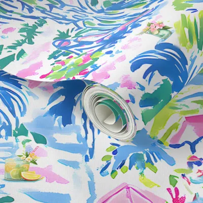 Spoonflower Peel And Stick Wallpaper Sittin'-n-sippin' - Pink/green/blue 2' X 12' Removable