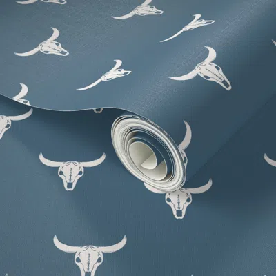 Spoonflower Peel And Stick Wallpaper Small Cow Skull In Blue Rugged Light Denim Suede Sea Masculine Men Walls 2'